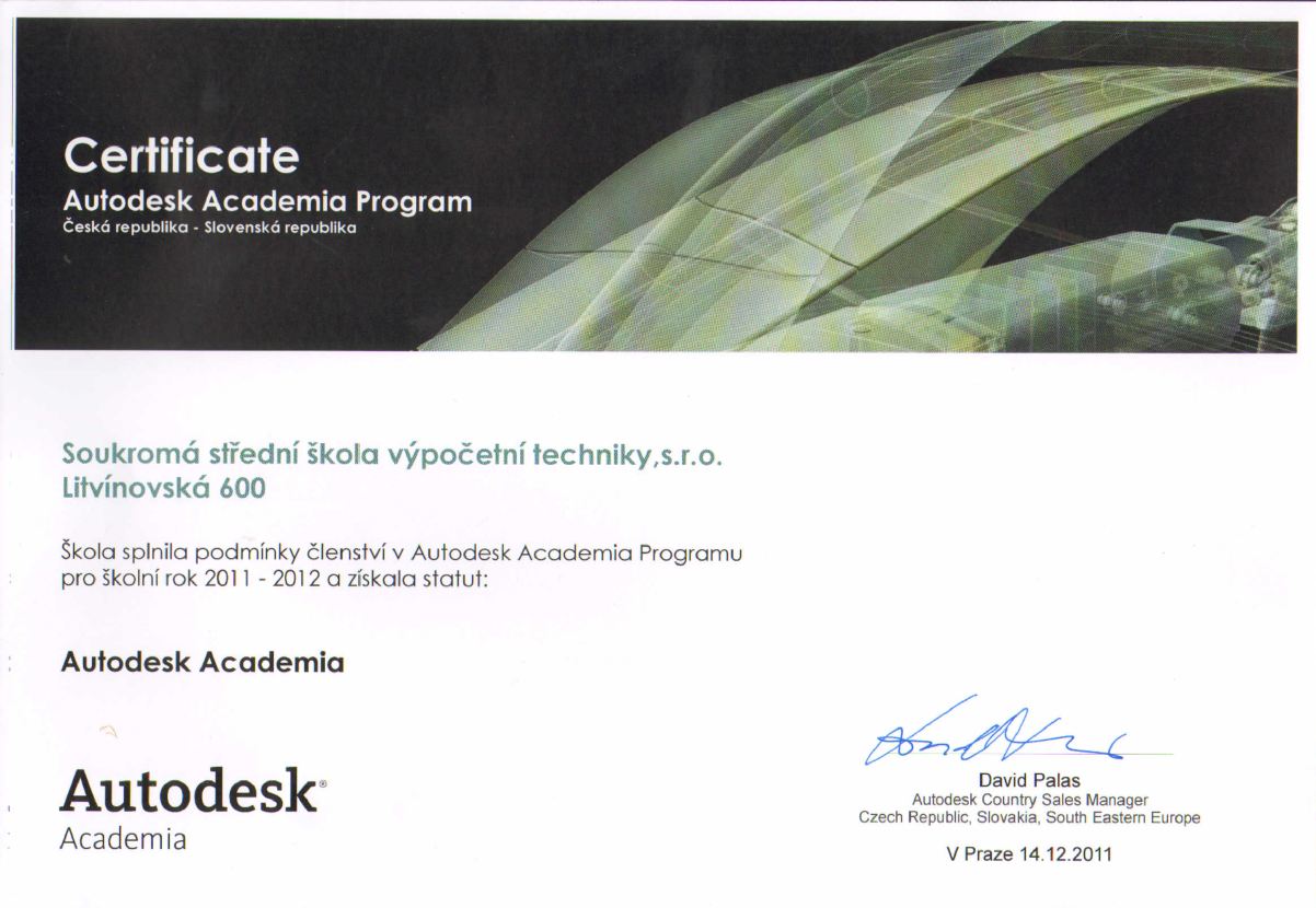 Cerftifik&aacute;t programu Autodesk Academia