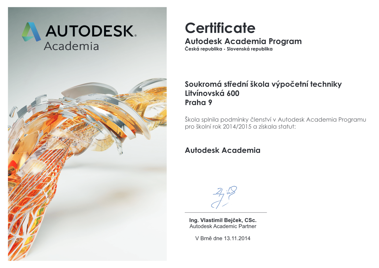 Cerftifikát programu Autodesk Academia